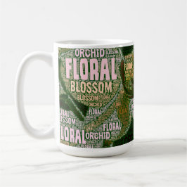 Orchid Floral bloesem over groene Word Cloud Mok