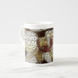 Orchid Floral Blossom over Bourgundy Word Cloud Porselein Kop