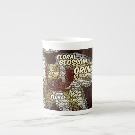 Orchid Floral Blossom over Bourgundy Word Cloud Porselein Kop (Voorkant)