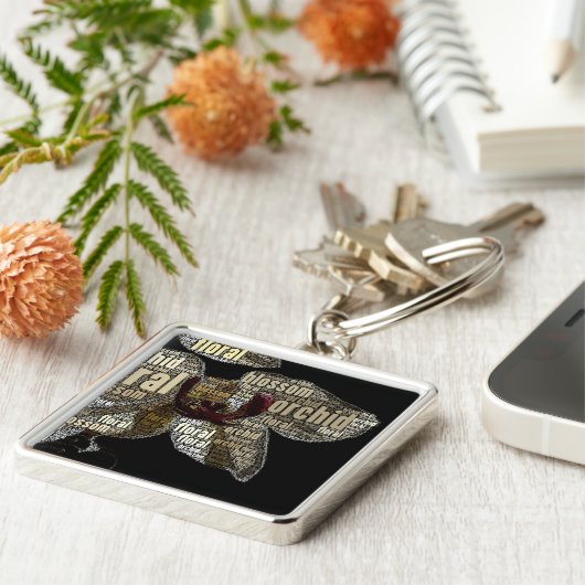 Orchid Floral Blossom Word Cloud over Black Sleutelhanger (Zijkant)