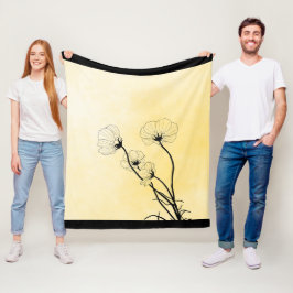 orchid floral line art on yellow fleece deken