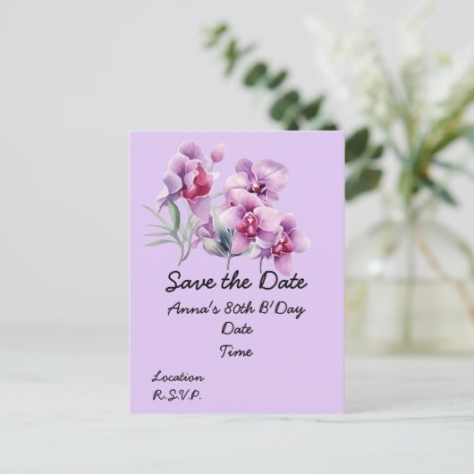 Orchid flower 80th Birthday Save the Date Briefkaa Briefkaart (Staand voorkant)