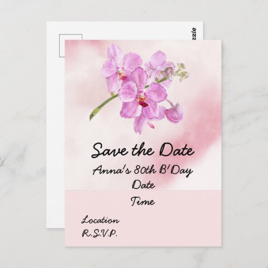 Orchid flower 80th Birthday Save the Date Briefkaa Briefkaart (Voorkant / Achterkant)