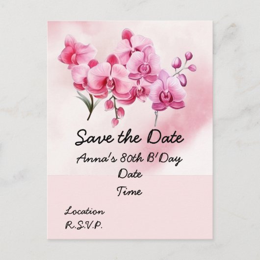 Orchid flower 80th Birthday Save the Date Briefkaa Briefkaart (Voorkant)