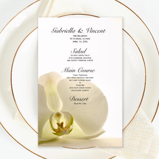 Orchid Flower on White Wedding Menu