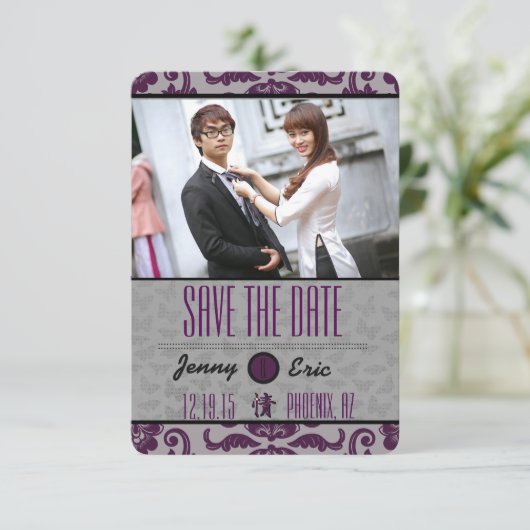 Orchid Grey Chinese Brocade Save the Date (Staand voorkant)