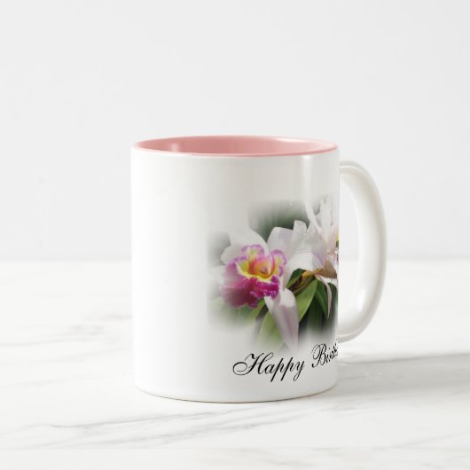 "Orchid Happy Birthday Mok" Tweekleurige Koffiemok (Voorkant rechts)