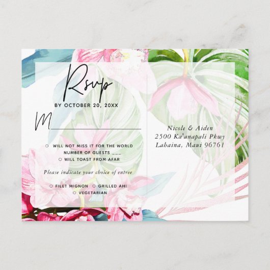 Orchid Isle, Roze Palm RSVP met keuzevrijheid Uitnodiging Briefkaart (Achterkant)