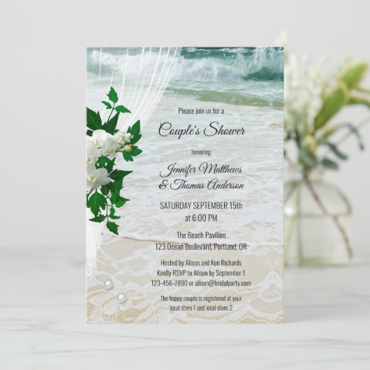 Orchid Lace Beach Bridal Couple Shower Uitnodiging (Staand voorkant)