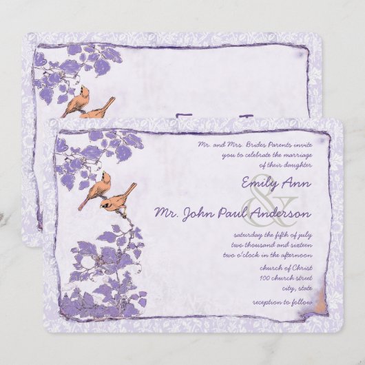 Orchid Love Bird Damask Wedding Invite Kaart (Voorkant / Achterkant)