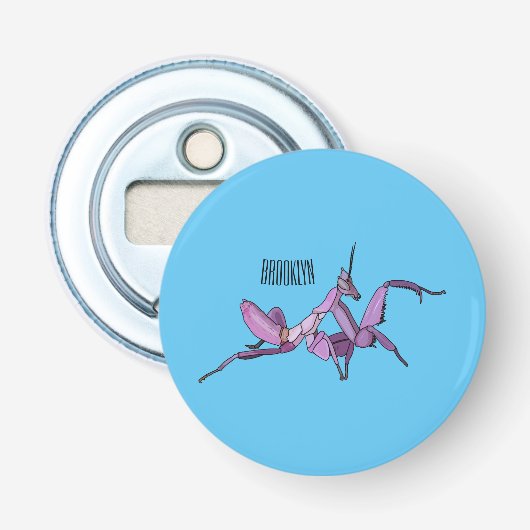 Orchid mantis cartoon illustratie button flesopener (Voorkant)