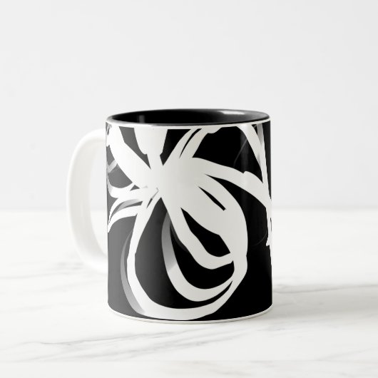 Orchid Noir: Abstract zwart en wit Tweekleurige Koffiemok (Voorkant links)