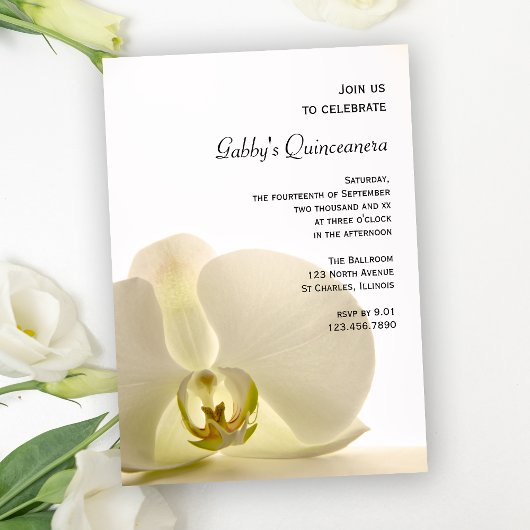 Orchid on White Quinceañera Party Invitation Kaart
