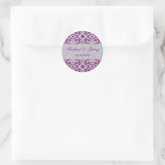 Orchid Paarse Damask Lace Wedding Favor Ronde Sticker (Tas)