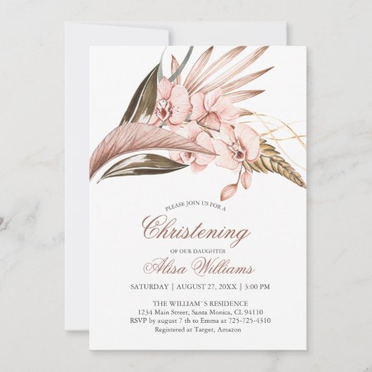 Orchid Pampas Terracotta Christening Uitnodiging  (Voorkant)