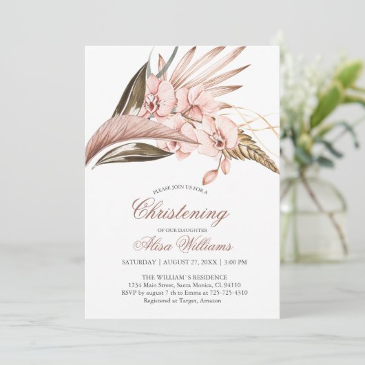 Orchid Pampas Terracotta Christening Uitnodiging  (Staand voorkant)
