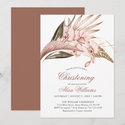 Orchid Pampas Terracotta Christening Uitnodiging (Voorkant / Achterkant)