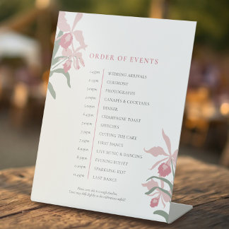 Orchid pink sage green wedding order of event reclamebord met voetstuk