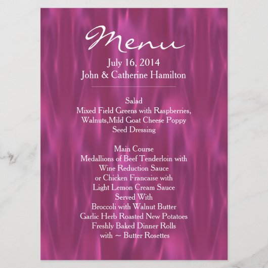 Orchid Pink Satin Let op het menu Aangepast huweli (Voorkant)