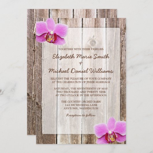 Orchid Rustic Barn Wood Wedding Invitations Kaart (Voorkant / Achterkant)