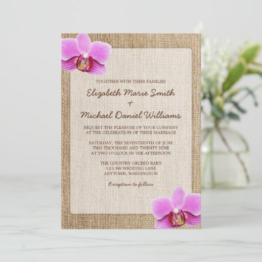 Orchid Rustic Burlap Wedding Invitations Kaart (Staand voorkant)