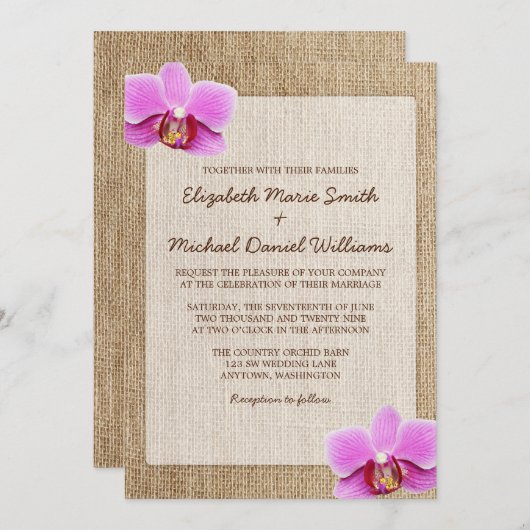 Orchid Rustic Burlap Wedding Invitations Kaart (Voorkant / Achterkant)
