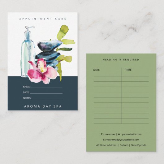 ORCHID STONE NAVY WATERVERF SPA MASSAGE THERAPIE AFSPRAKENKAARTJE (Voorkant / Achterkant)