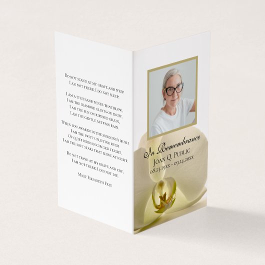 Orchidee Bloem op Witte Begrafenis Gebed Visitekaartje (Buitenkant)