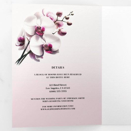 Orchidee Bloem Roze & Witte Bruiloft Drieluik Uitnodiging (Binnenzijde eerst)