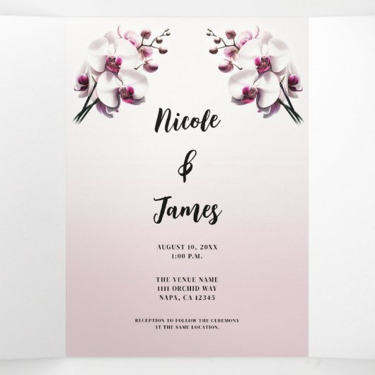 Orchidee Bloem Roze & Witte Bruiloft Drieluik Uitnodiging (Binnenkant midden)