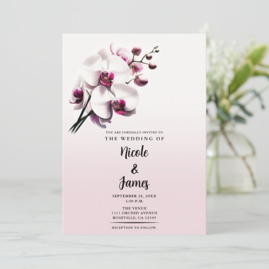 Orchidee Bloem Roze & Witte Bruiloft Kaart (Staand voorkant)
