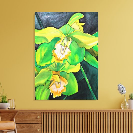 Orchidee bloemen groen en geel canvas afdruk (Insitu (Woonkamer))