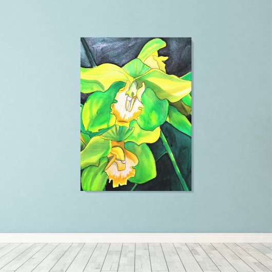 Orchidee bloemen groen en geel canvas afdruk (Insitu (Houten vloer))