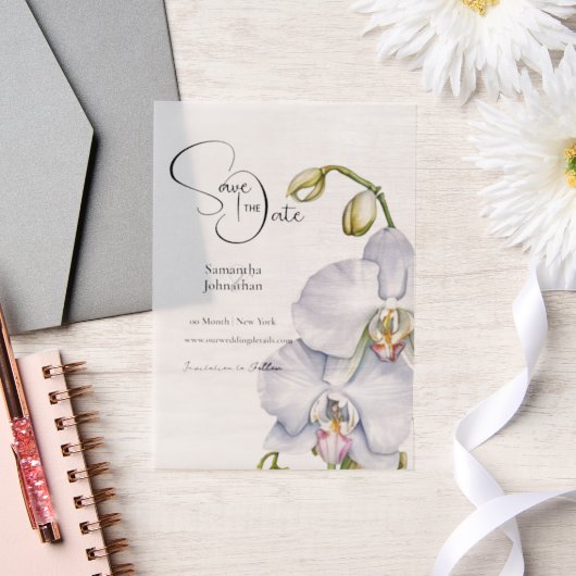 Orchidee bloemen witte bloemblaadjes save the date vellum uitnodigingen (Huwelijk)