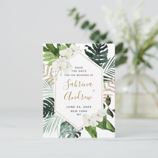 Orchidee Bohemian groen bruiloft Save the Date Briefkaart (Staand voorkant)