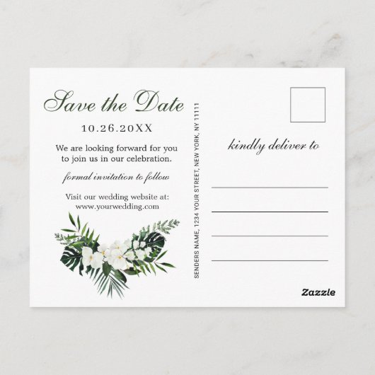 Orchidee Bohemian groen bruiloft Save the Date Briefkaart (Achterkant)