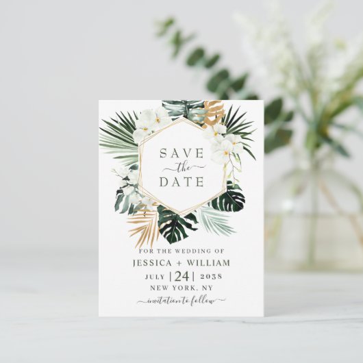 Orchidee Bohemian groen bruiloft Save the Date Briefkaart (Staand voorkant)