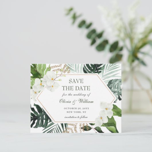 Orchidee Bohemian Groenery Trouwen  Save The Date Briefkaart (Staand voorkant)