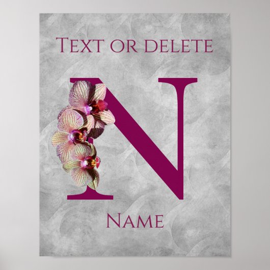 Orchidee Elegant Monogram Initiaal N Persoonlijk Poster (Voorkant)