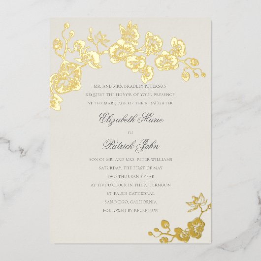 Orchidee Formele Klassieke Heirloom Ecru Kunstbrui Folie Uitnodiging (Voorkant)