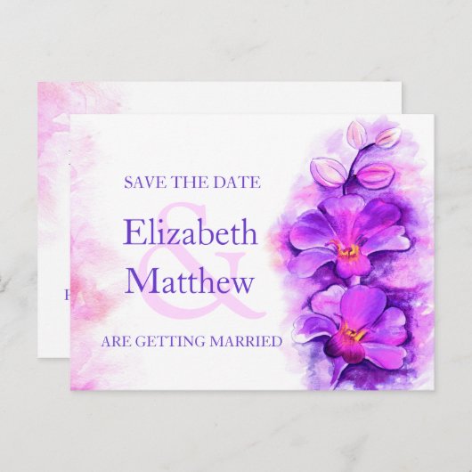 Orchidee geschilderd paarse bloem save the date ca aankondigingskaart (Voorkant / Achterkant)