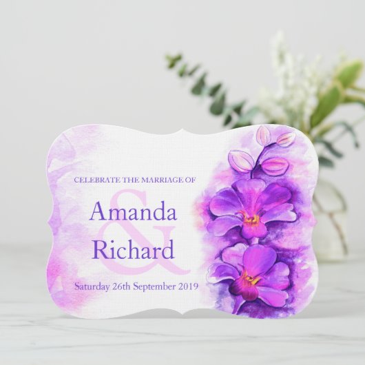 Orchidee gestileerde waterverf paarse bruiloft uit kaart (Staand voorkant)