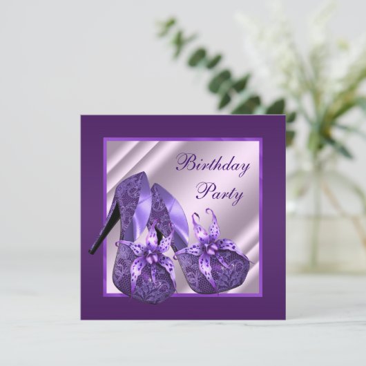 Orchidee hoge hak schoen vrouwen paars verjaardags kaart (Staand voorkant)