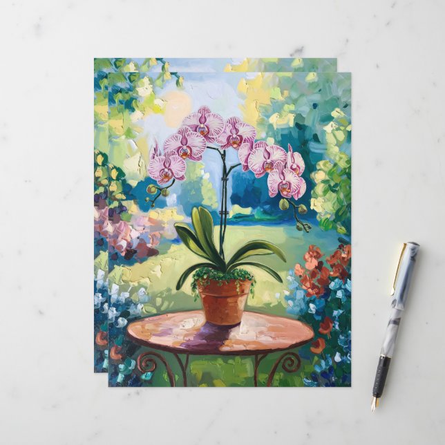 Orchidee in een pot Botanische Schilderij Scrapboo (Voorkant / Achterkant in situ)