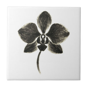 Orchidee Lijntekening – Inkt Bloemendesign op Tegeltje