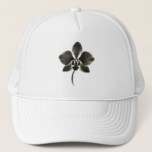 Orchidee Lijntekening – Inkt Bloemendesign op Trucker Pet (Voorkant)