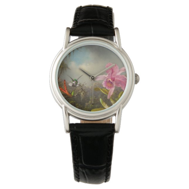 Orchidee met twee kolibries kop horloge (Voorkant)