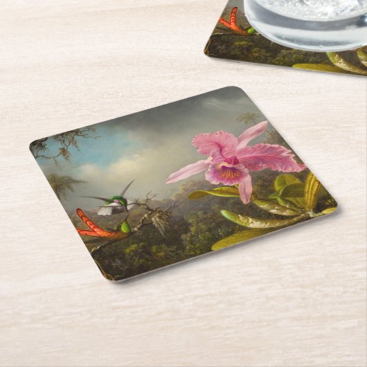 Orchidee met twee kolibries kop kartonnen onderzetters (Schuin)