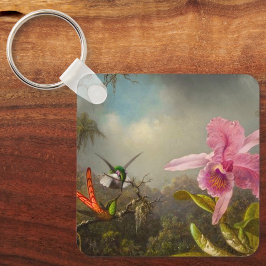 Orchidee met twee kolibries kop sleutelhanger (Voorkant)