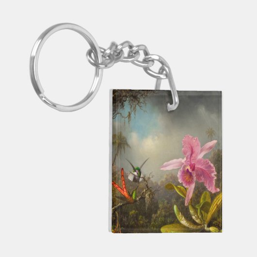 Orchidee met twee kolibries kop sleutelhanger (Voorkant Links)